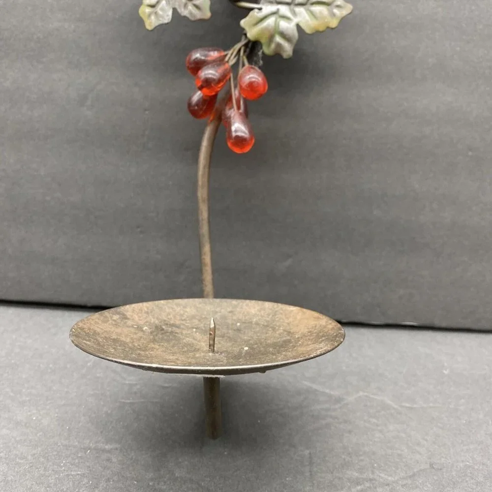Vintage 80s Grape Vine Wall Candle Sconce Metal Toleware Tuscan Farmhouse Rustic